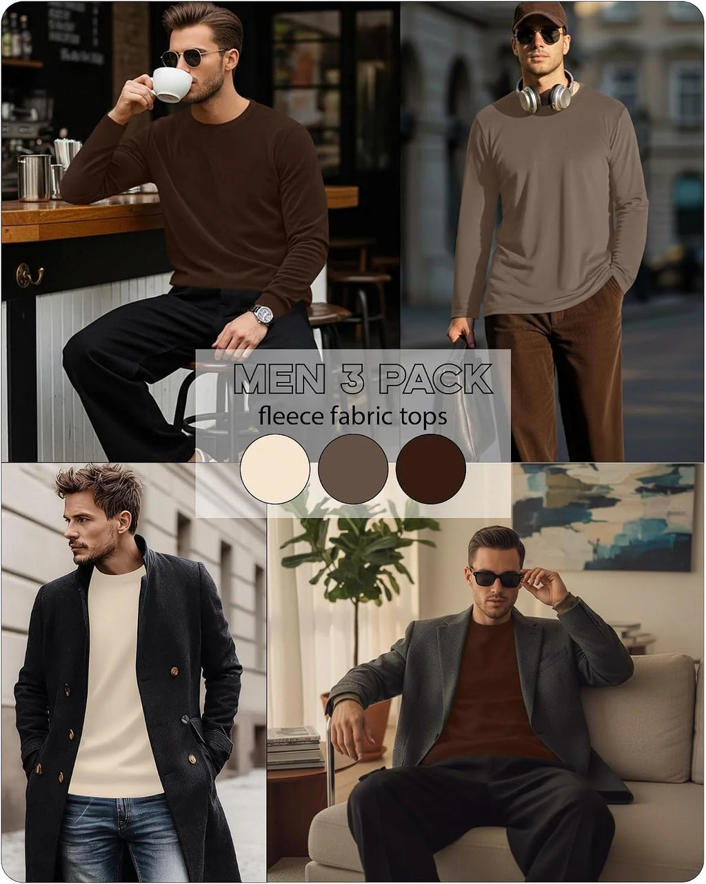 3 Pack Mens Long Sleeve Thermal Shirts Crew Neck Tops