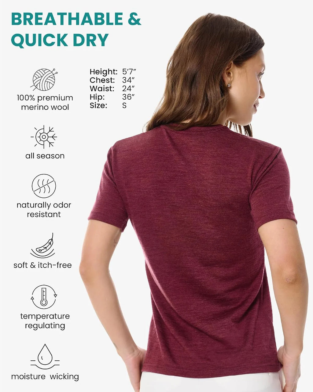 100% Merino Wool Shirt Women - Short Sleeve Tee Base Layer Top Undershirt