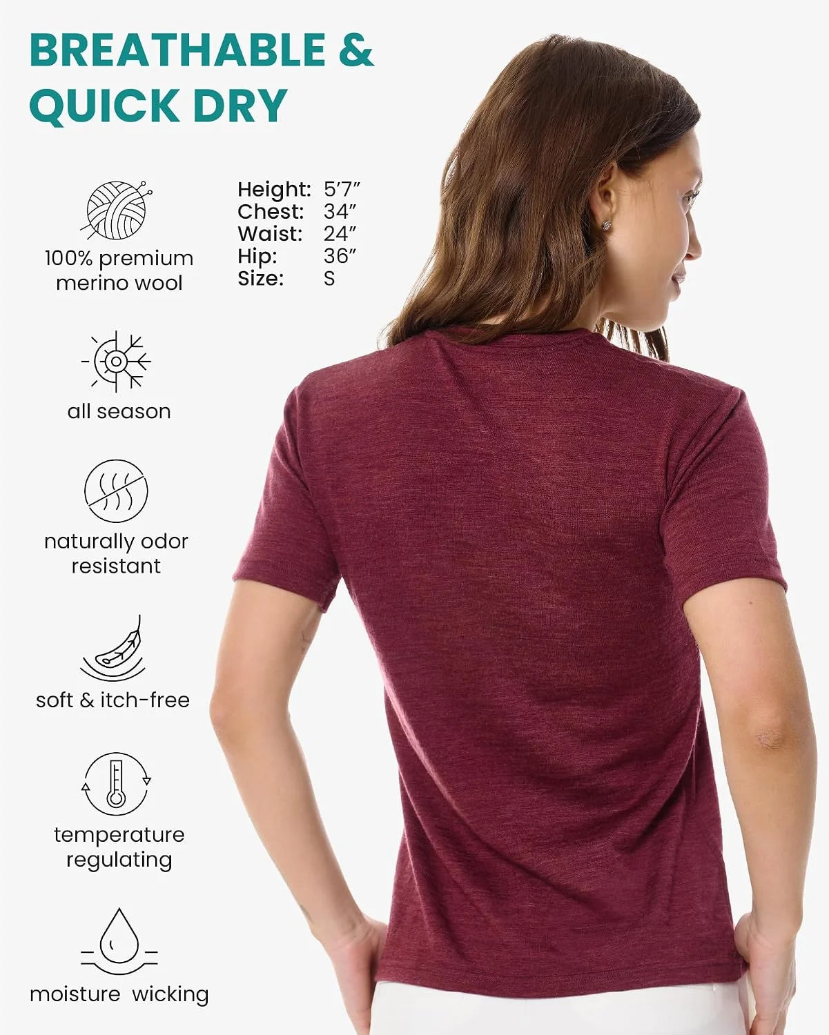 100% Merino Wool Shirt Women - Short Sleeve Tee Base Layer Top Undershirt
