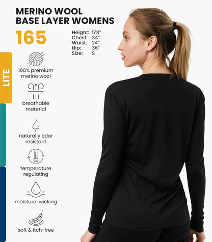 100% Merino Wool Base Layer Women - Long Sleeve Thermal Shirt with Socks