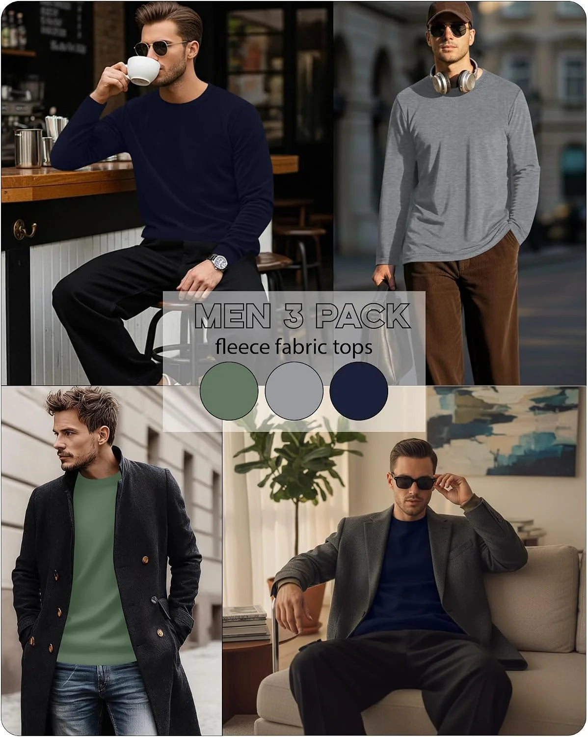 3 Pack Mens Long Sleeve Thermal Shirts Crew Neck Tops