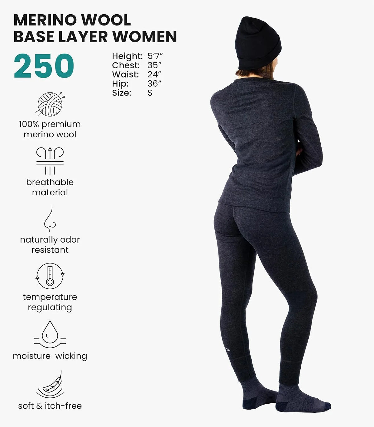 100% Merino Wool Base Layer Women Set - Thermal Underwear Women Top, Bottom