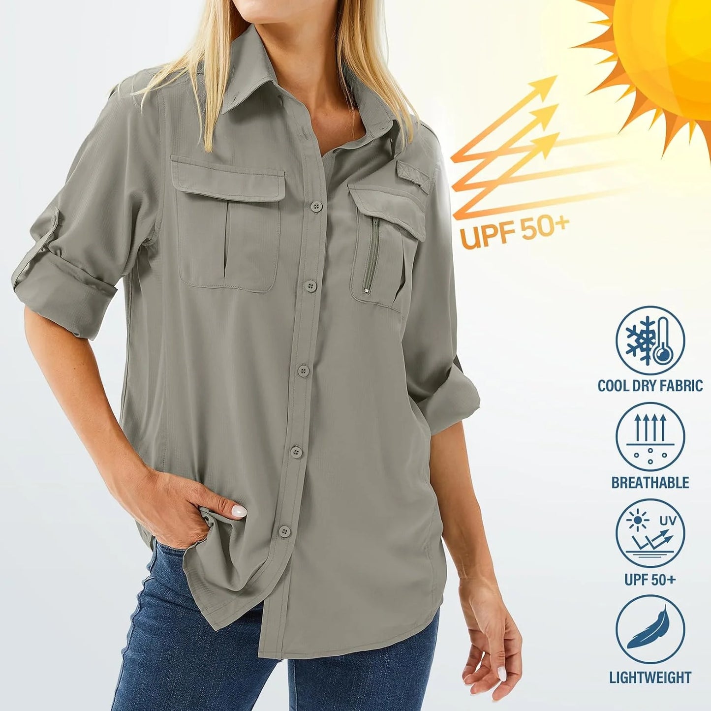 Women's UPF 50 Long Sleeve Sun Protection Safari Fish Hiking Shirts