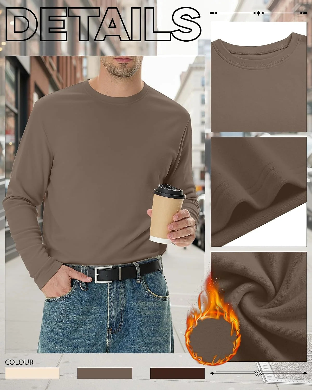3 Pack Mens Long Sleeve Thermal Shirts Crew Neck Tops