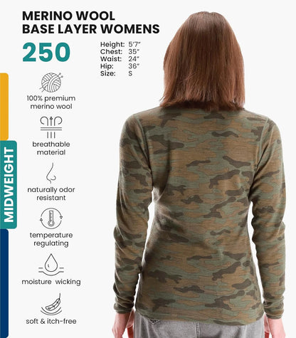 100% Merino Wool Base Layer Women - Long Sleeve Thermal Shirt with Socks