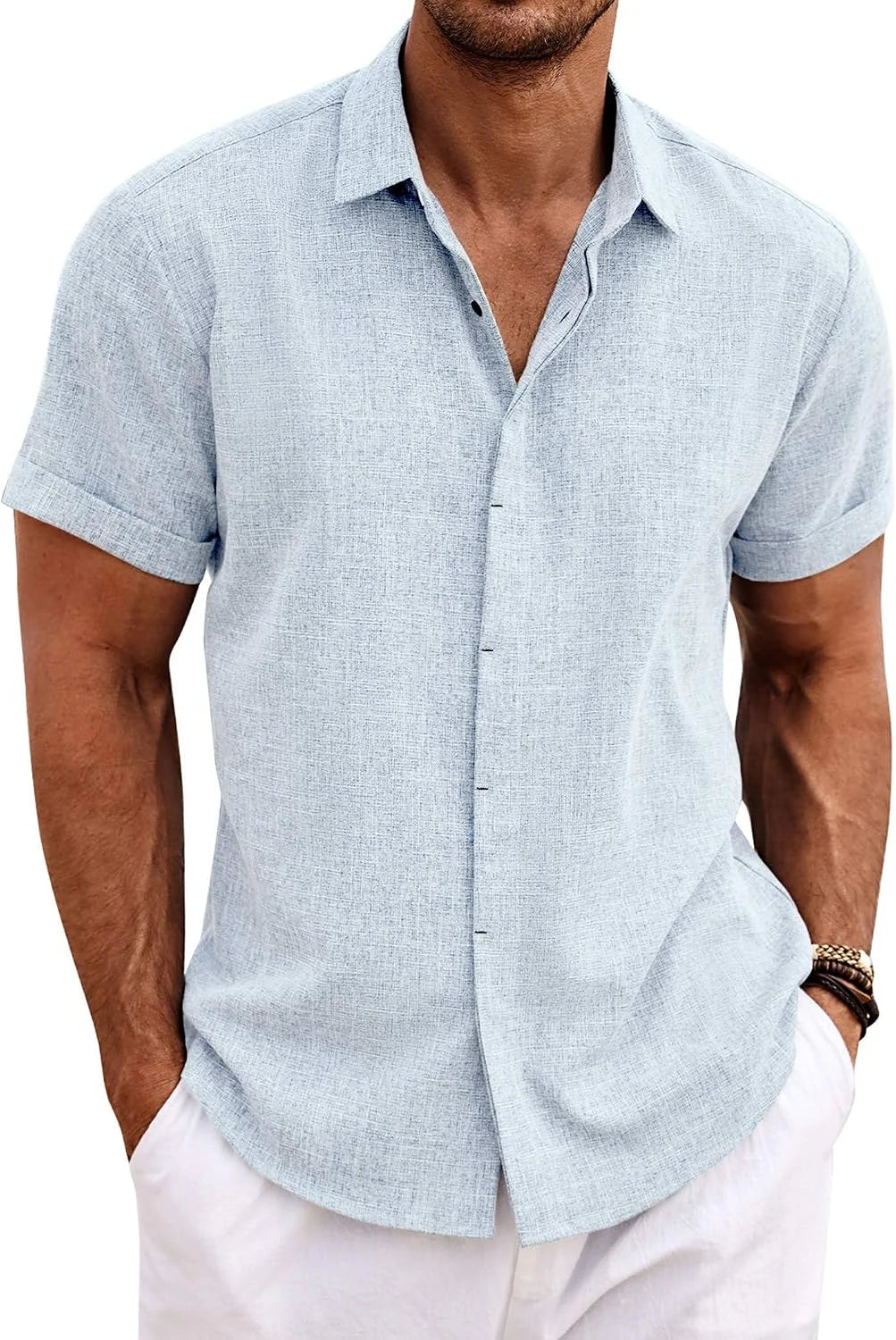 COOFANDY Men's Linen Shirts Short Sleeve Casual Shirts Button Down Shirt for Men Beach Summer Wedding Shirt