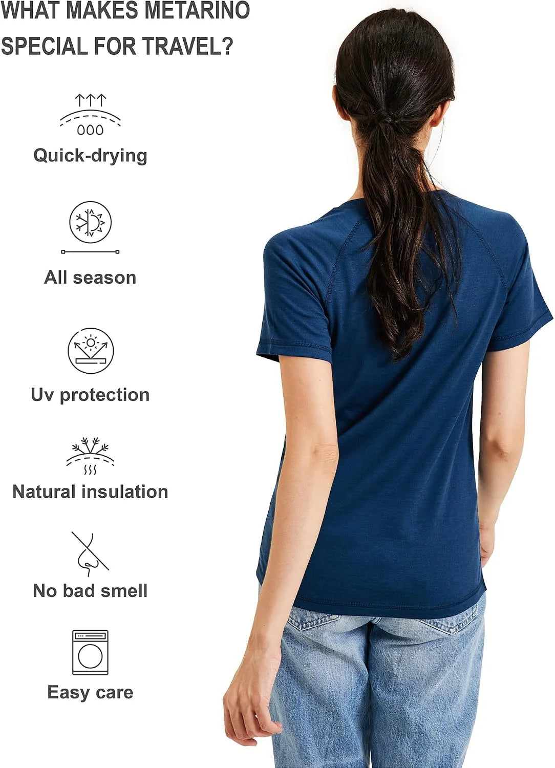 METARINO 100% Merino Wool T-Shirt Women V Neck Short Sleeve Base Layer Tee Shirt for Travel,Hiking,Sports