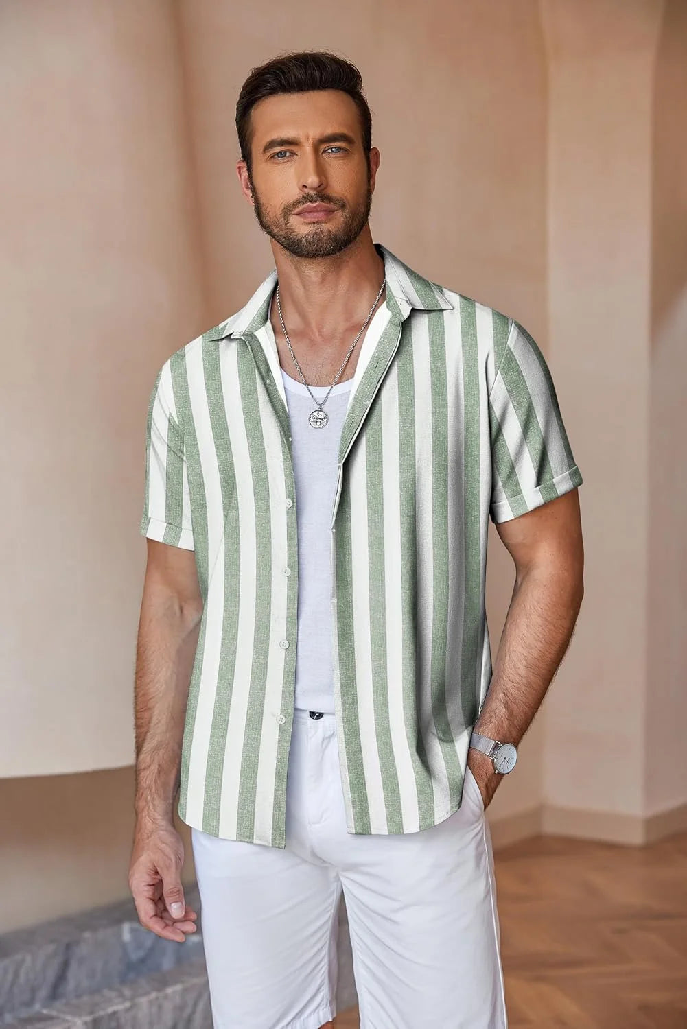 COOFANDY Men's Linen Shirts Short Sleeve Casual Shirts Button Down Shirt for Men Beach Summer Wedding Shirt
