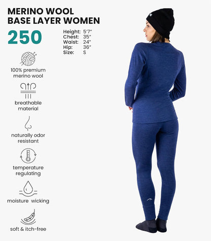 100% Merino Wool Base Layer Women Set - Thermal Underwear Women Top, Bottom | Lightweight, Midweight, Heavyweight Base Layer, Moisture-Wicking, Breathable Active Underwear, Hiking, Skiing, Camping