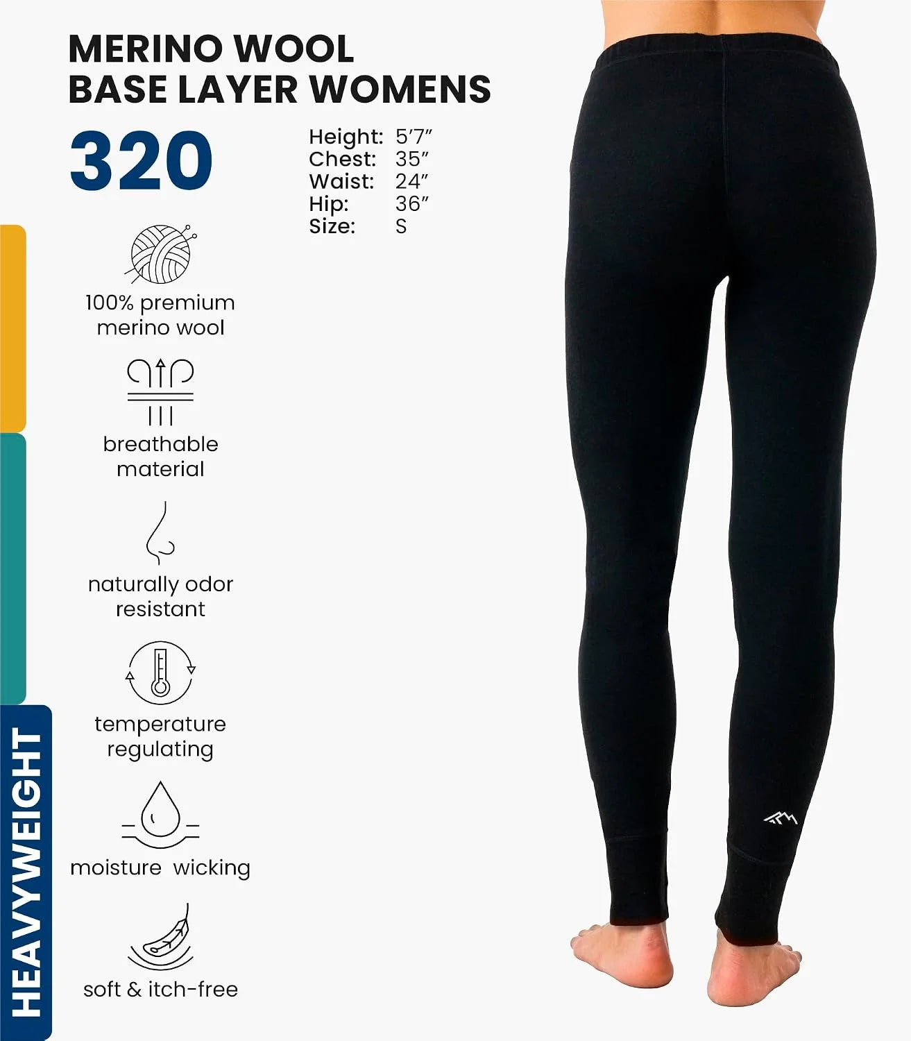 100% Merino Wool Base Layer Women Pants - Thermal Leggings Underwear | Lightweight, Midweight, Heavyweight Base Layer, Breathable Pants, Odor-Resistant, Ideal for Hiking, Skiing, Cold Weather