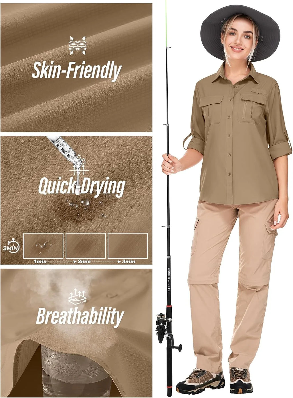Women's UPF 50 Long Sleeve Sun Protection Safari Fish Hiking Shirts