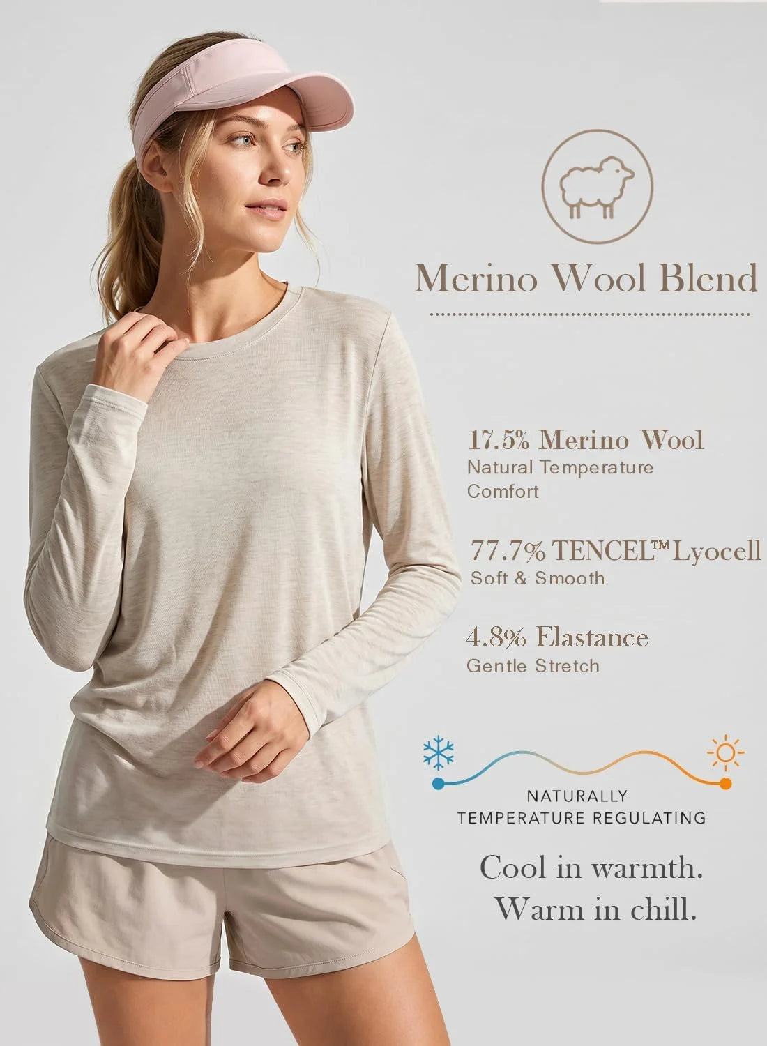 Merino Wool Shirt Women Lightweight Breathable Basic Tees Long Sleeve Sun Protection Shirts