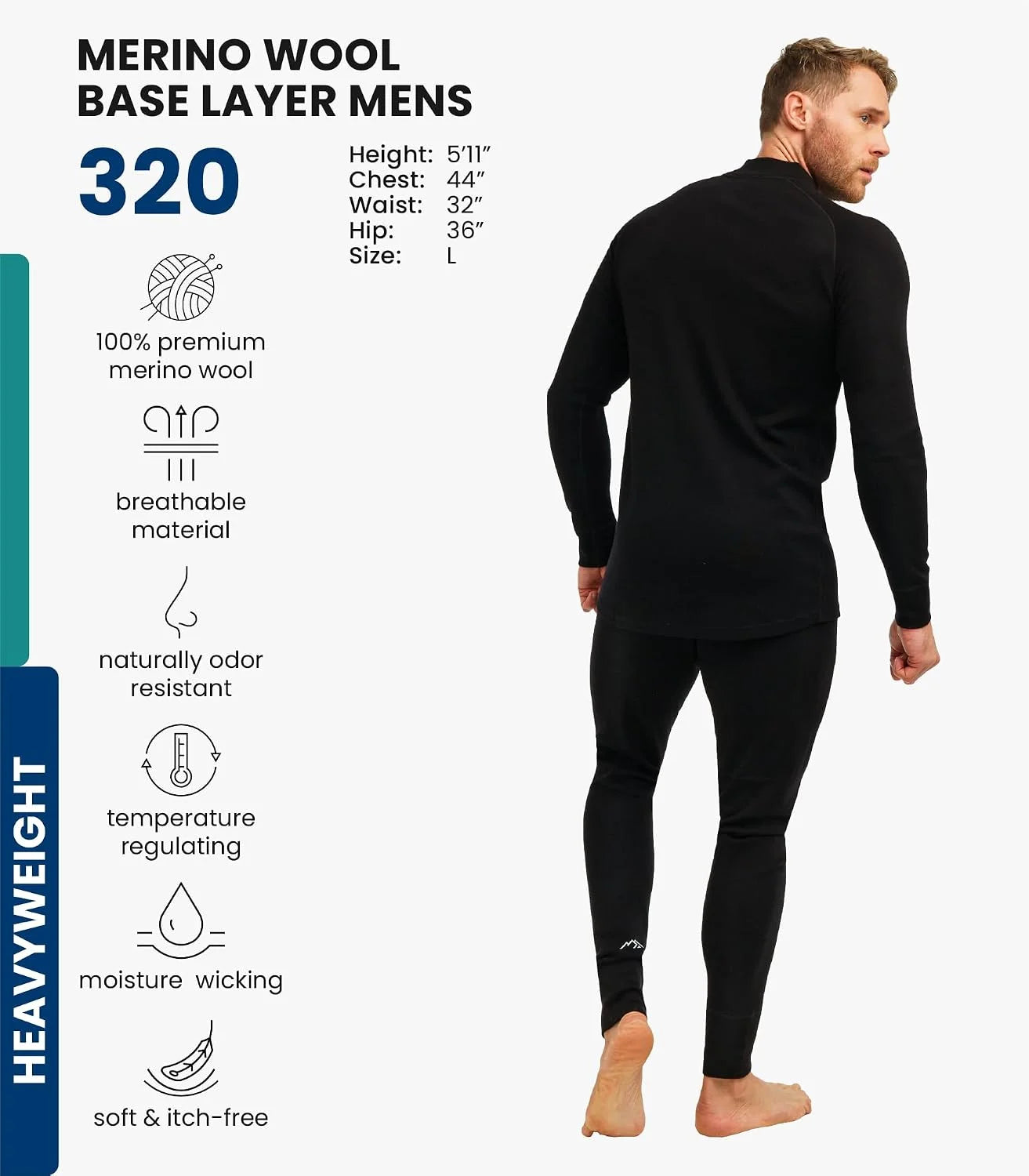 100% Merino Wool Base Layer Men Set - Thermal Underwear for Men Long Johns
