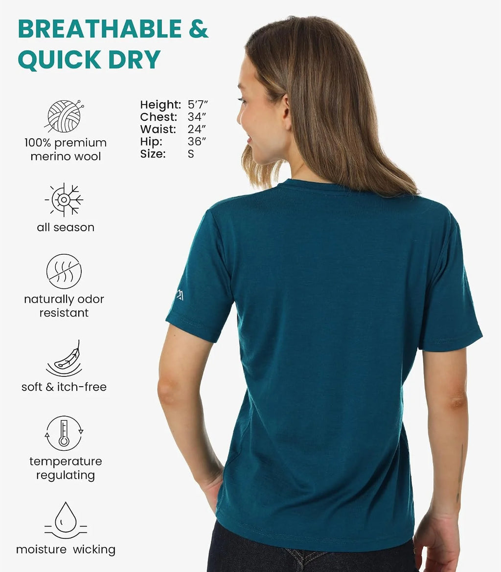 100% Merino Wool Shirt Women - Short Sleeve Tee Base Layer Top Undershirt