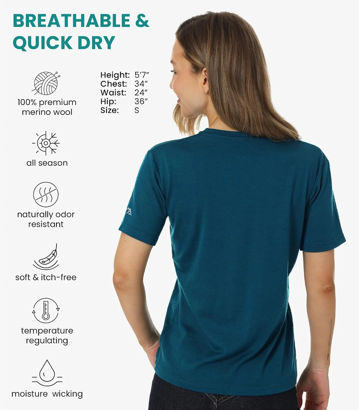 100% Merino Wool Shirt Women - Short Sleeve Tee Base Layer Top Undershirt