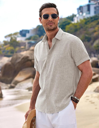 COOFANDY Men's Linen Shirts Short Sleeve Casual Shirts Button Down Shirt for Men Beach Summer Wedding Shirt