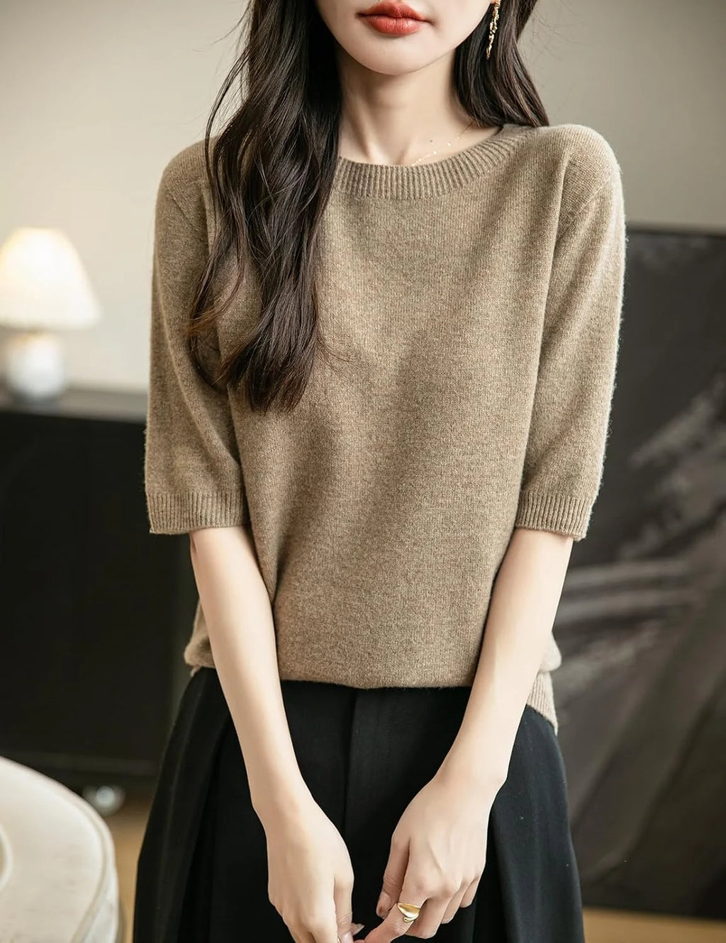 Chanyarn Women's 100% Merino Wool Spring Fall Winter First-Line Ready to Wear Seamless Knit Crewneck Short Sleeve Sweater