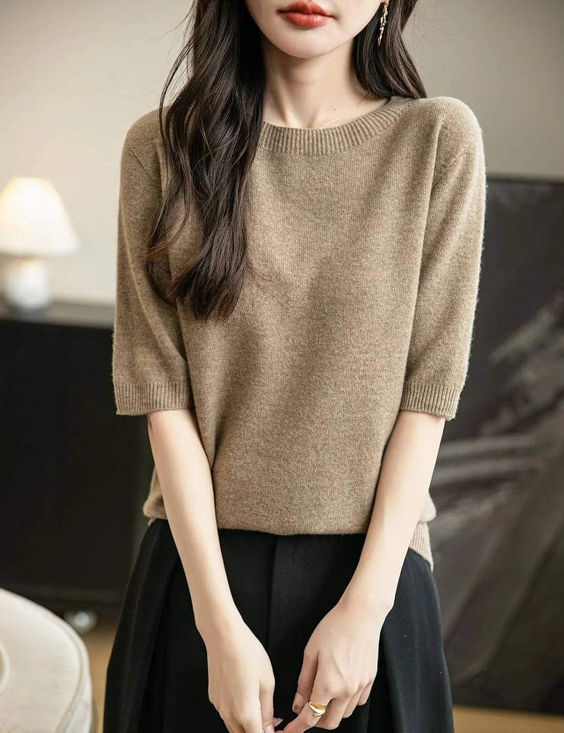Chanyarn Women's 100% Merino Wool Spring Fall Winter First-Line Ready to Wear Seamless Knit Crewneck Short Sleeve Sweater