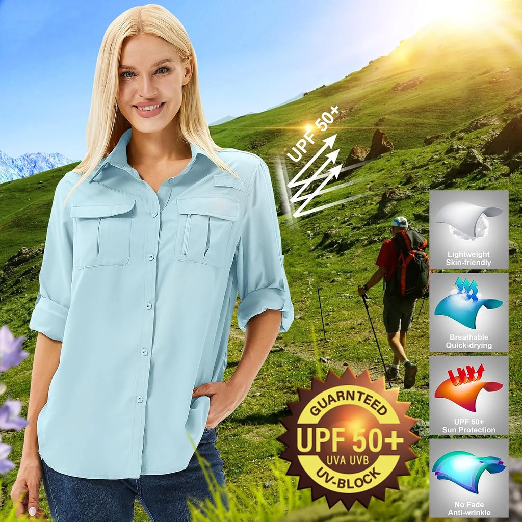 Women's UPF 50 Long Sleeve Sun Protection Safari Fish Hiking Shirts