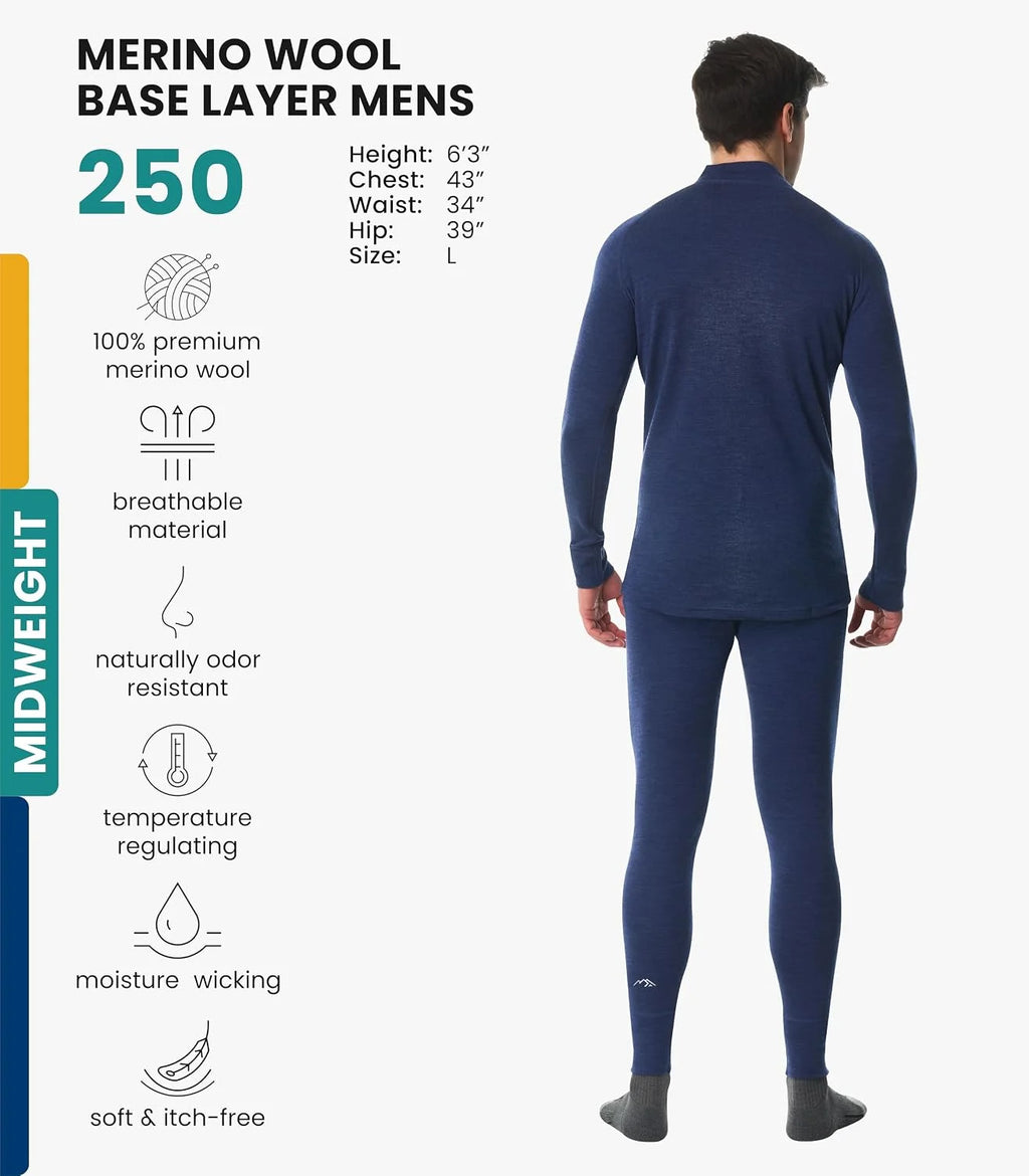 100% Merino Wool Base Layer Men Set - Thermal Underwear for Men Long Johns