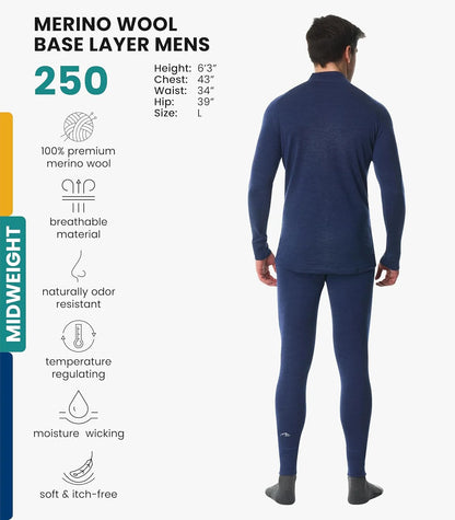 100% Merino Wool Base Layer Men Set - Thermal Underwear for Men Long Johns