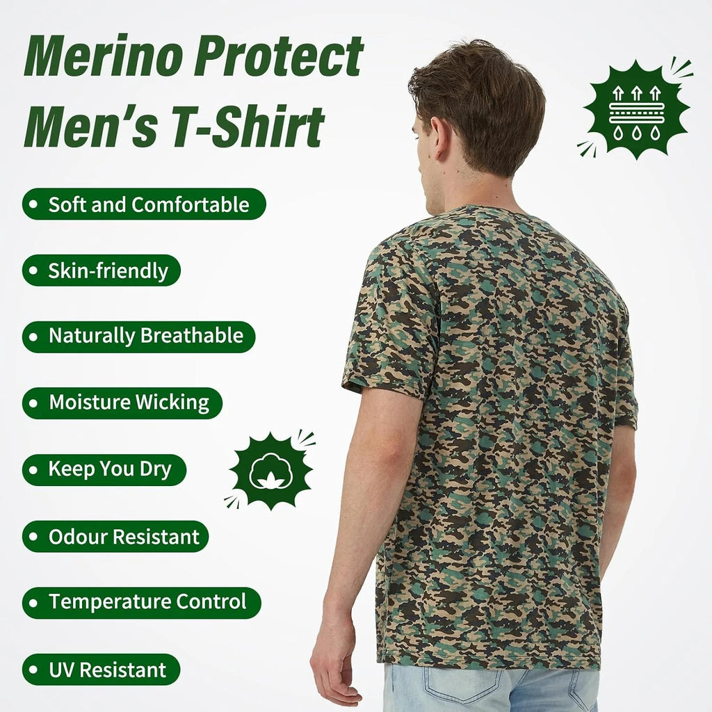 Merino Protect 100% Merino Wool T Shirts for Men Odor Resistance Base Layer Hiking Travel T-Shirt Soft Undershirt