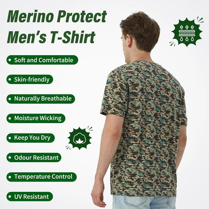 Merino Protect 100% Merino Wool T Shirts for Men Odor Resistance Base Layer Hiking Travel T-Shirt Soft Undershirt