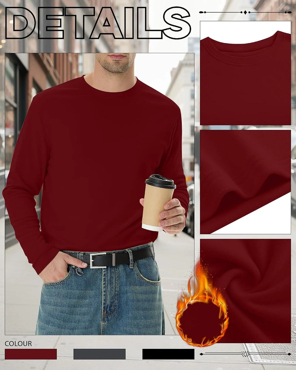 3 Pack Mens Long Sleeve Thermal Shirts Crew Neck Tops