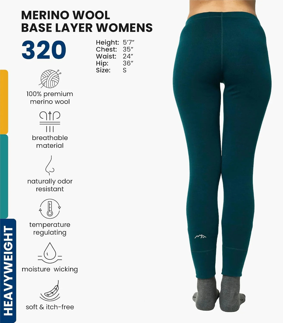 100% Merino Wool Base Layer Women Pants - Thermal Leggings Underwear | Lightweight, Midweight, Heavyweight Base Layer, Breathable Pants, Odor-Resistant, Ideal for Hiking, Skiing, Cold Weather