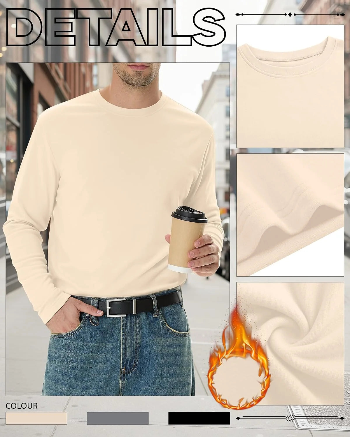 3 Pack Mens Long Sleeve Thermal Shirts Crew Neck Tops