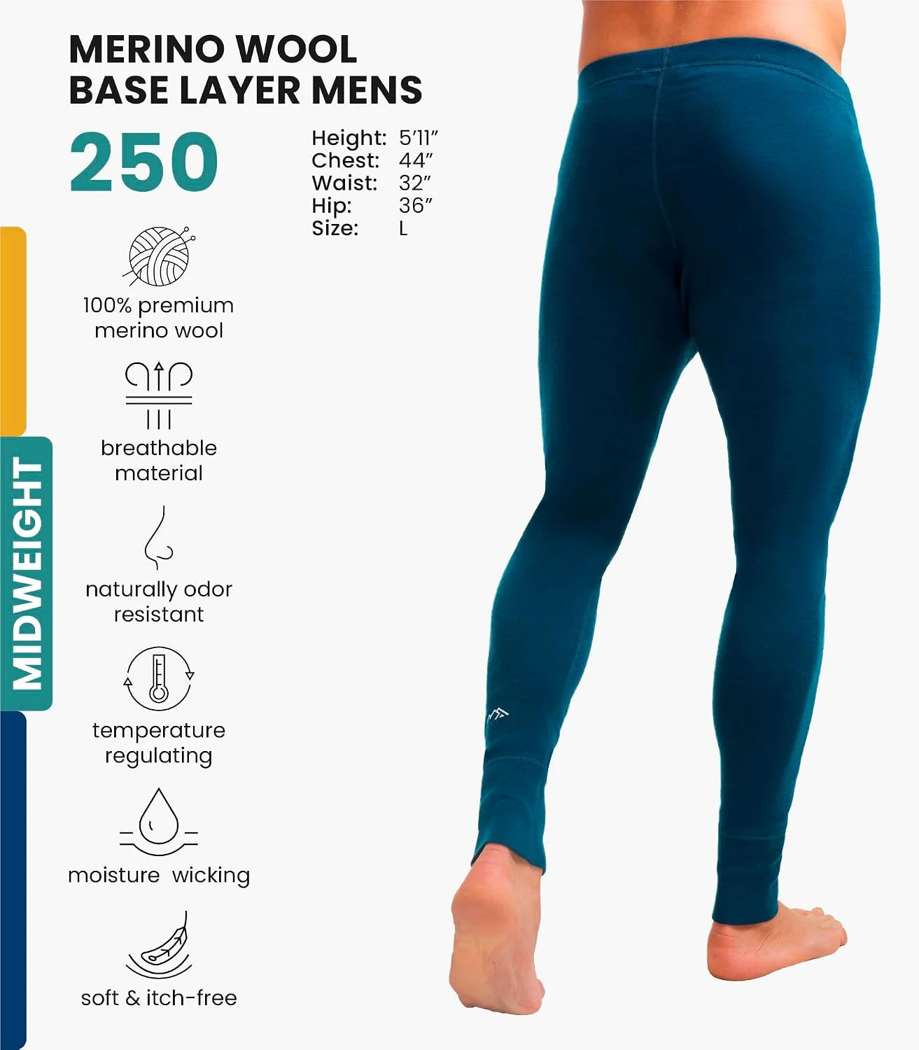 100% Merino Wool Base Layer Mens Pants - Thermal Underwear Long Johns | Lightweight, Midweight, Heavyweight Base Layer, Breathable Leggings, Odor-Resistant Wool, Ideal for Hiking, Skiing, Winter