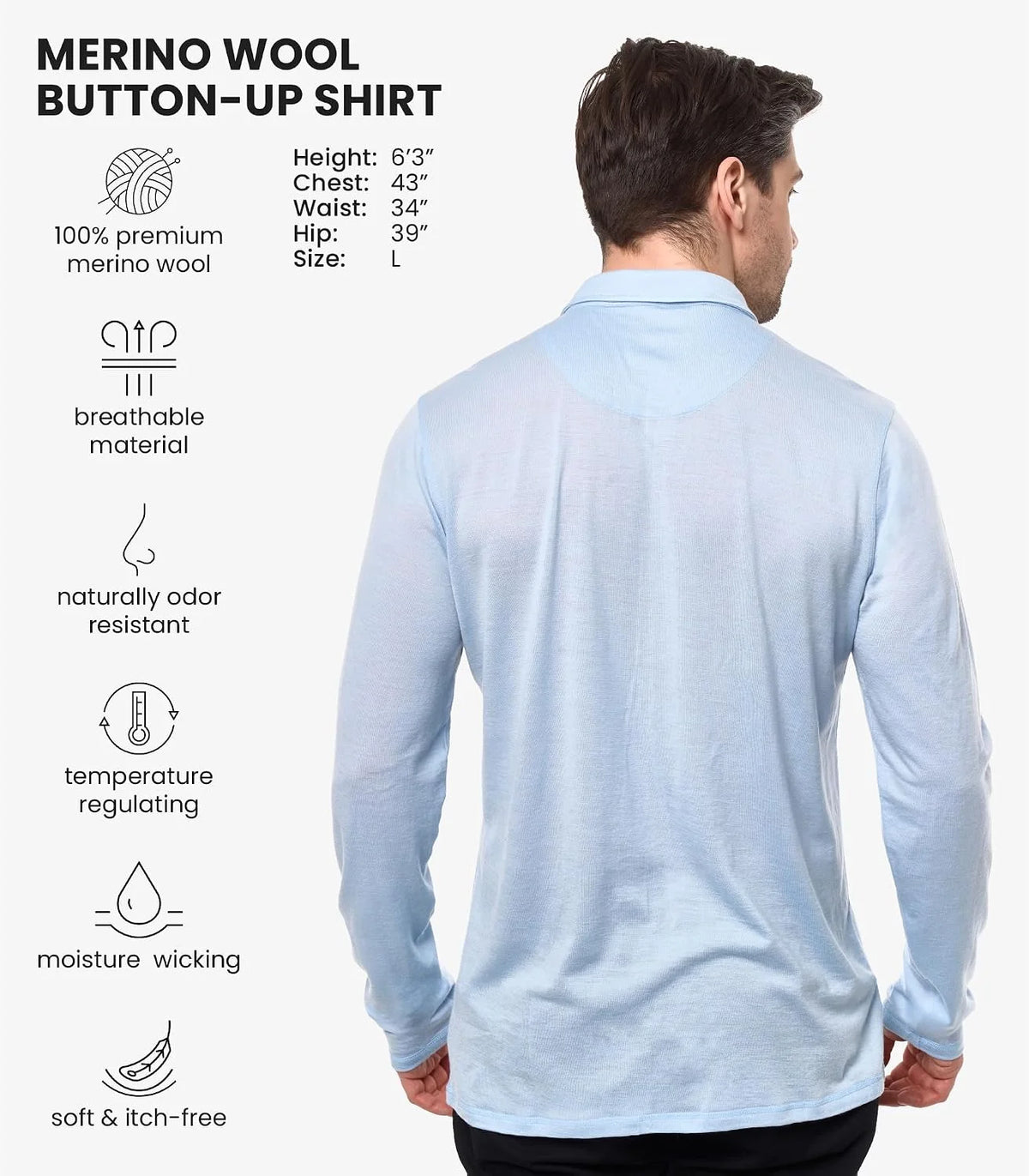 100% Merino Wool Button Up Shirt Men - Long & Short Sleeve Breathable