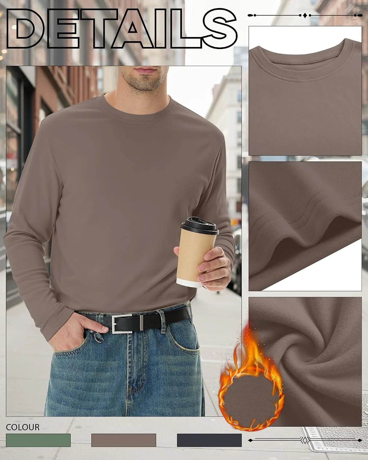 3 Pack Mens Long Sleeve Thermal Shirts Crew Neck Tops