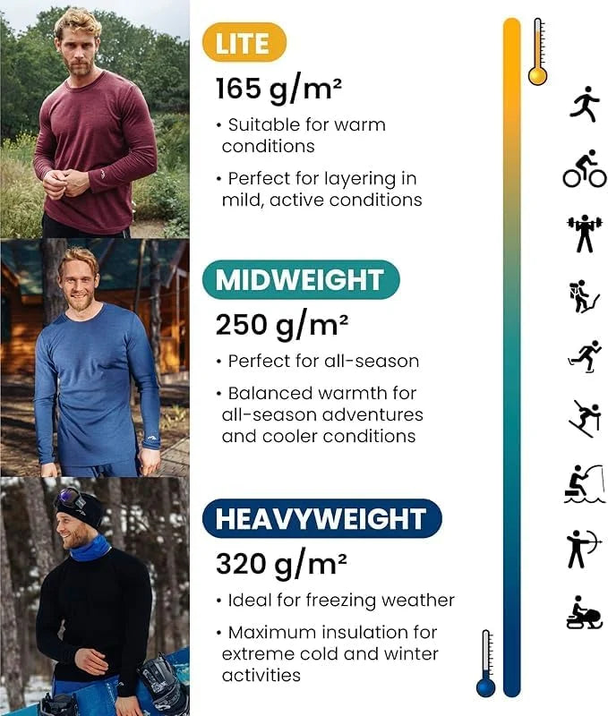 100% Merino Wool Base Layer Mens Pants - Thermal Underwear Long Johns