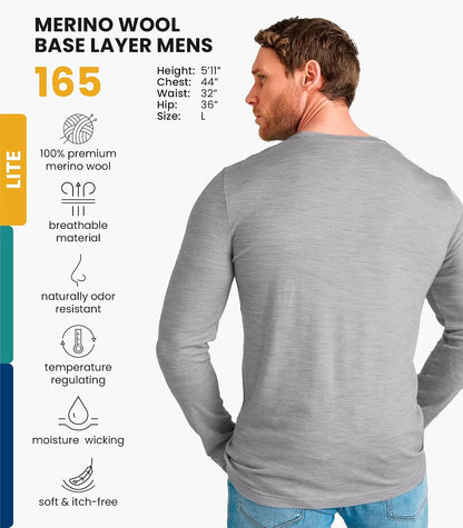 100% Merino Wool Base Layer Mens - Long Sleeve Thermal Shirts with Socks | Lightweight, Midweight, Heavyweight Base Layer, Naturally Odor-Resistant, Breathable Shirt, Ideal for Hiking, Cold Weather