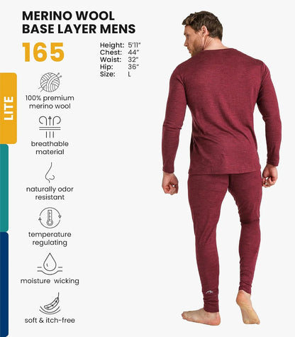 100% Merino Wool Base Layer Men Set - Thermal Underwear for Men Long Johns | Lightweight, Midweight, Heavyweight Long Johns, Naturally Odor-Resistant, Breathable Active Underwear, Hiking, Skiing