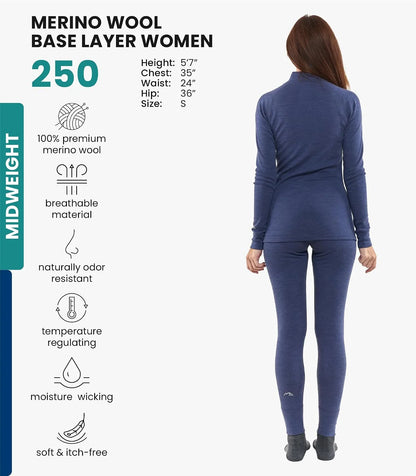 100% Merino Wool Base Layer Women Set - Thermal Underwear Women Top, Bottom | Lightweight, Midweight, Heavyweight Base Layer, Moisture-Wicking, Breathable Active Underwear, Hiking, Skiing, Camping