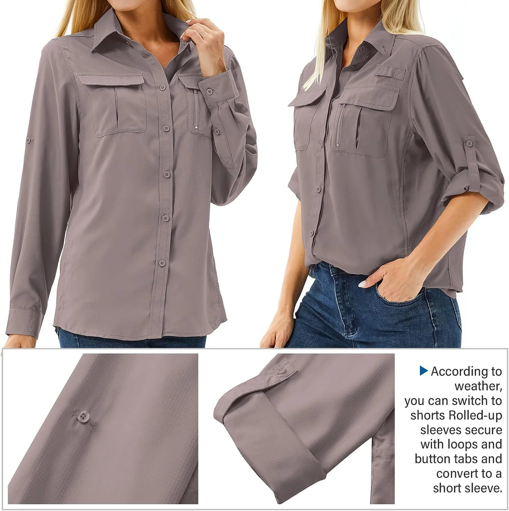 Women's UPF 50 Long Sleeve Sun Protection Safari Fish Hiking Shirts