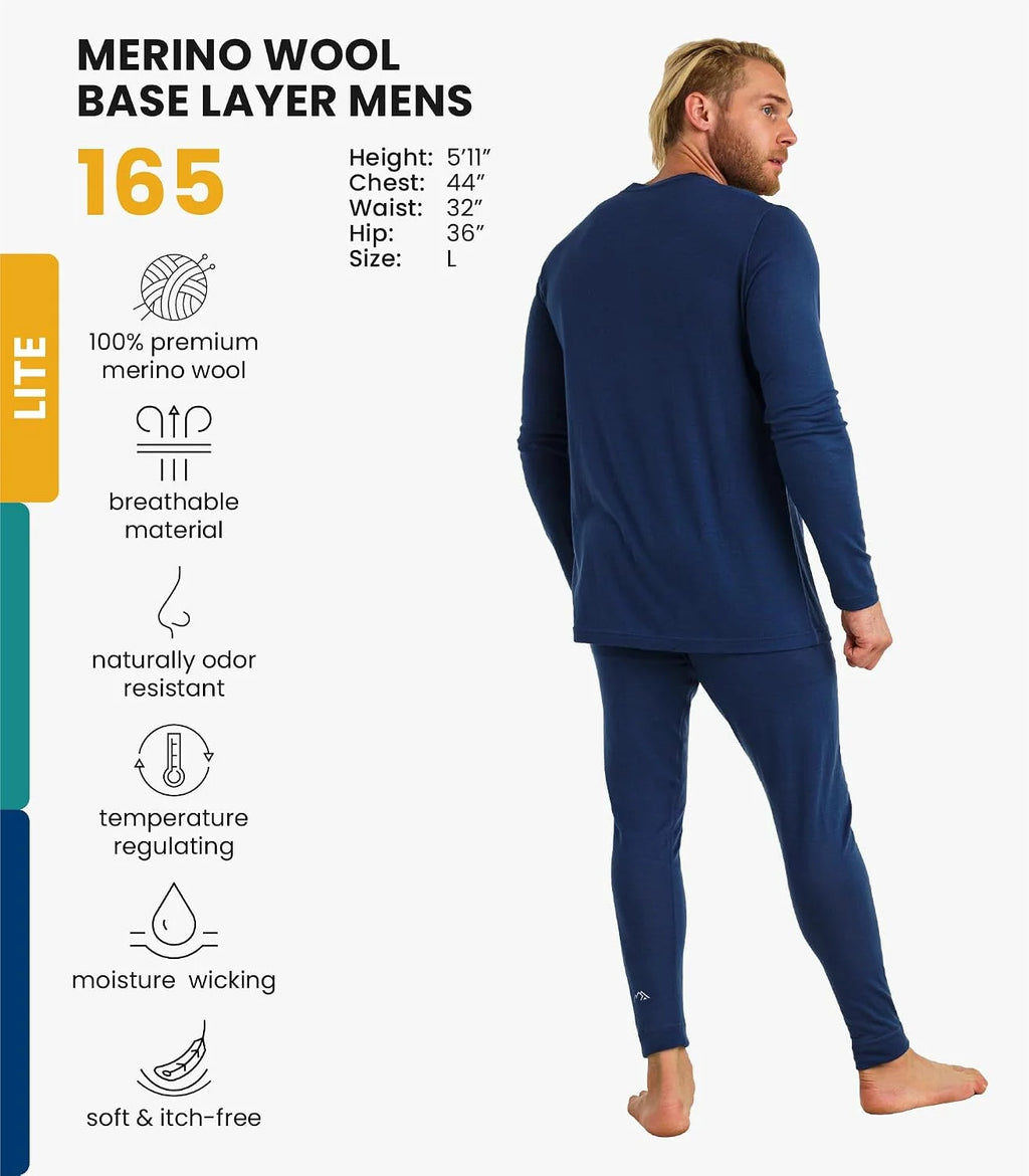 100% Merino Wool Base Layer Men Set - Thermal Underwear for Men Long Johns