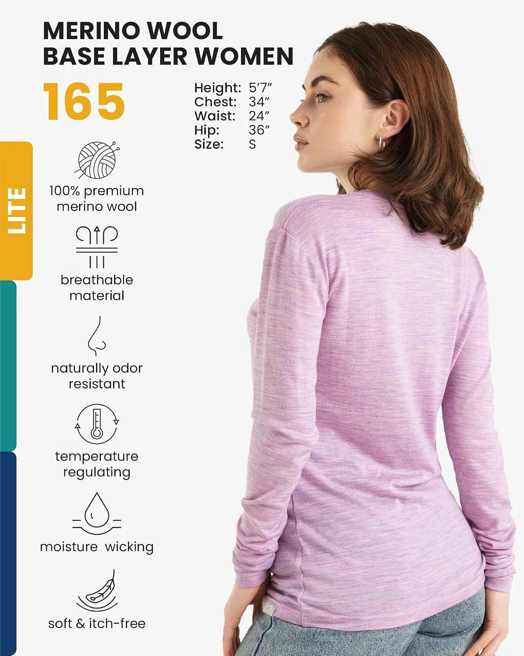 100% Merino Wool Base Layer Women - Long Sleeve Thermal Shirt with Socks