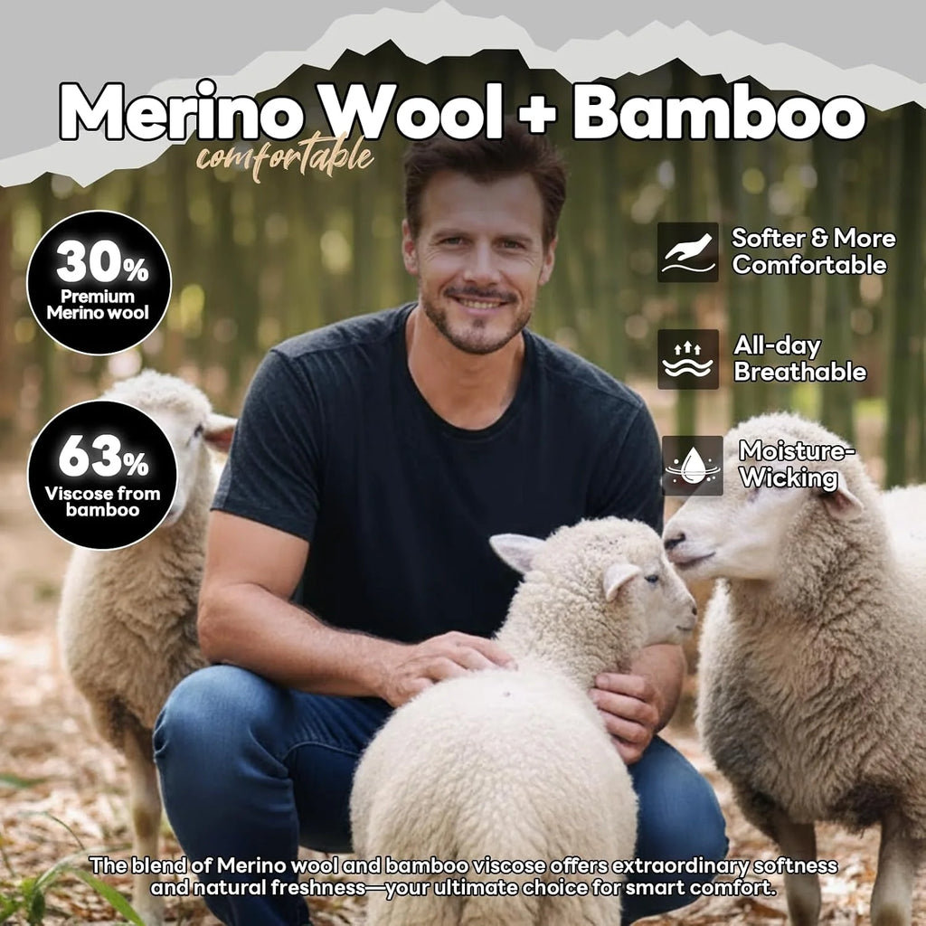 Merino Wool Shirt for Men Bamboo Viscose Moisture Wicking Undershirt Lightweight Crewneck Soft T-Shirt 2P