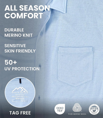 100% Merino Wool Button Up Shirt Men - Long & Short Sleeve Breathable