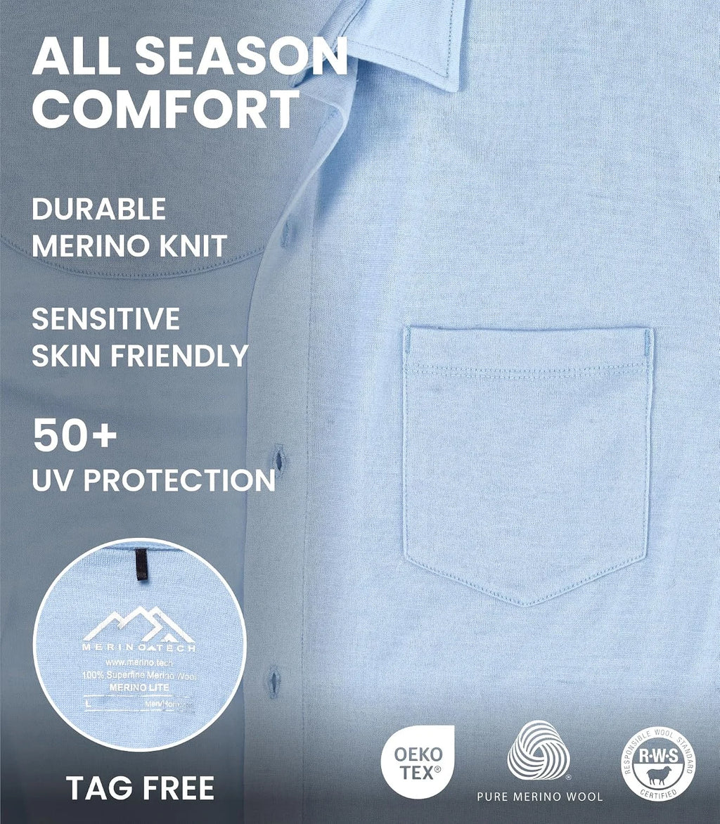 100% Merino Wool Button Up Shirt Men - Long & Short Sleeve Breathable
