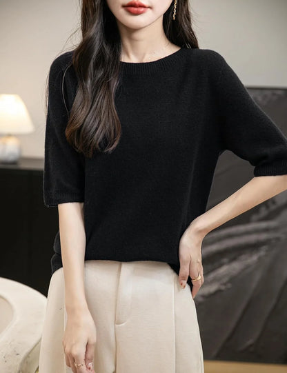 Chanyarn Women's 100% Merino Wool Spring Fall Winter First-Line Ready to Wear Seamless Knit Crewneck Short Sleeve Sweater