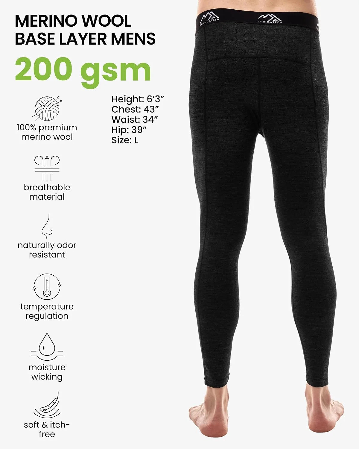 100% Merino Wool Base Layer Mens Long Johns - Thermal Underwear Bottoms