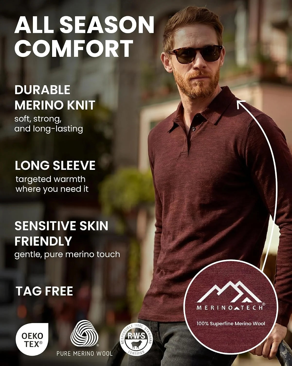 100% Merino Wool Polo Shirt Men - Short & Long Sleeve Shirt Base Later | Lightweight, Breathable Merino Wool, Naturally Anti-Odor, Moisture-Wicking, Ideal for Active, Travel, Everyday Wear, Layering