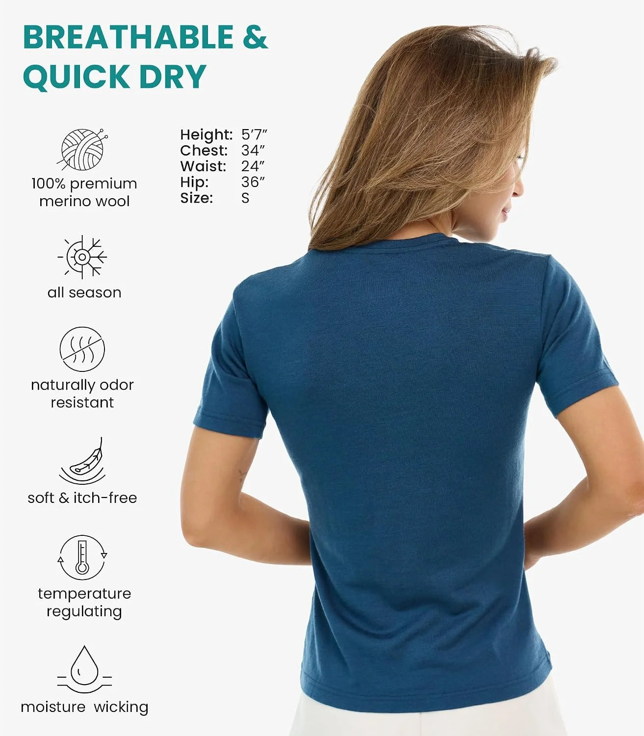 100% Merino Wool Shirt Women - Short Sleeve Tee Base Layer Top Undershirt