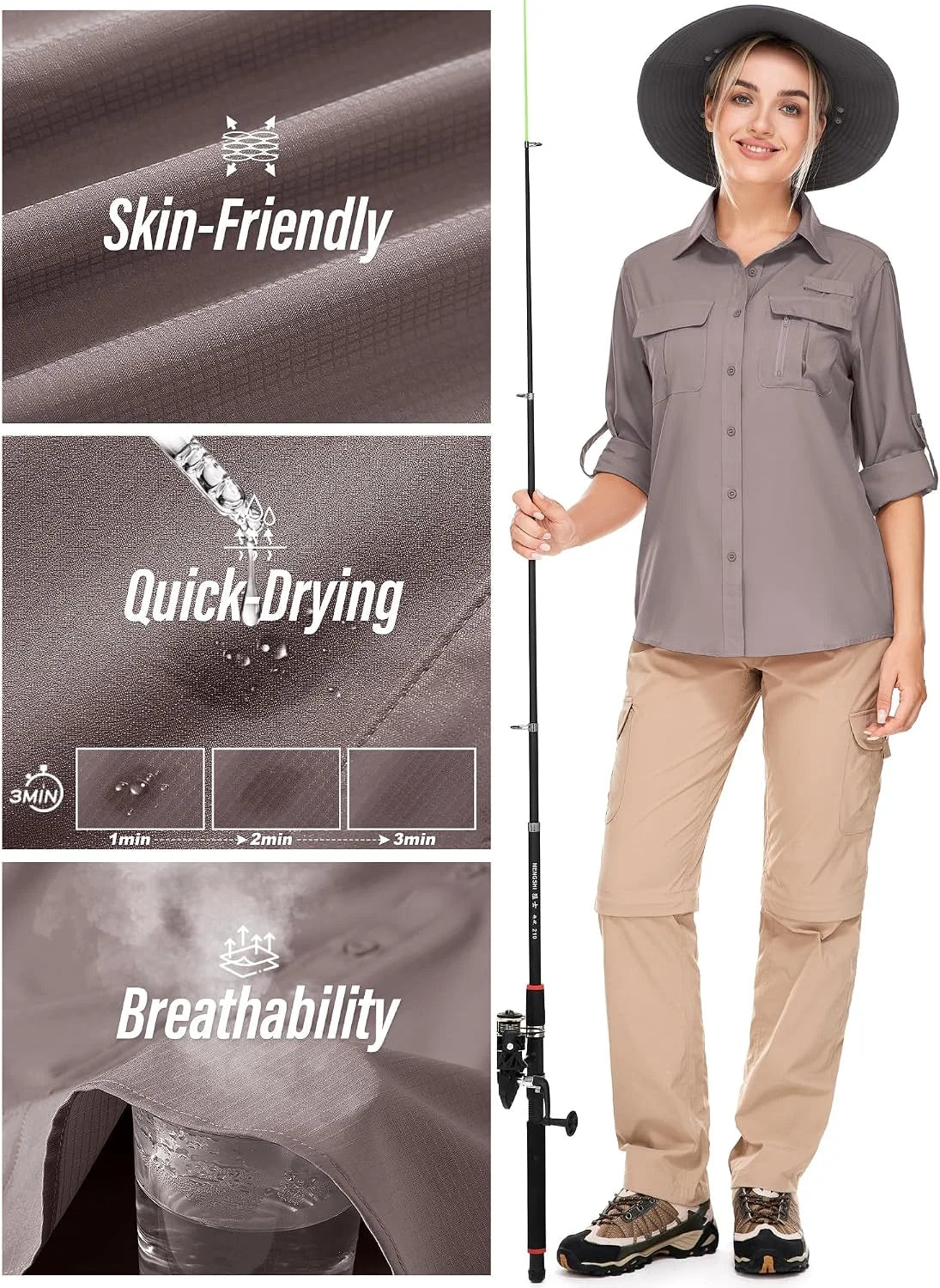Women's UPF 50 Long Sleeve Sun Protection Safari Fish Hiking Shirts