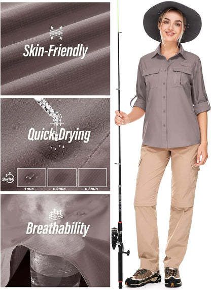 Women's UPF 50 Long Sleeve Sun Protection Safari Fish Hiking Shirts