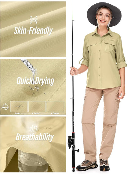 Women's UPF 50 Long Sleeve Sun Protection Safari Fish Hiking Shirts